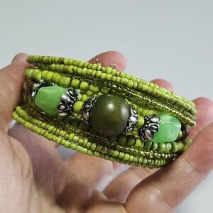 *Sale* Wide Seed Beaded Memory Wire Cuff Lime Green Wood Silver Tone Bracelet